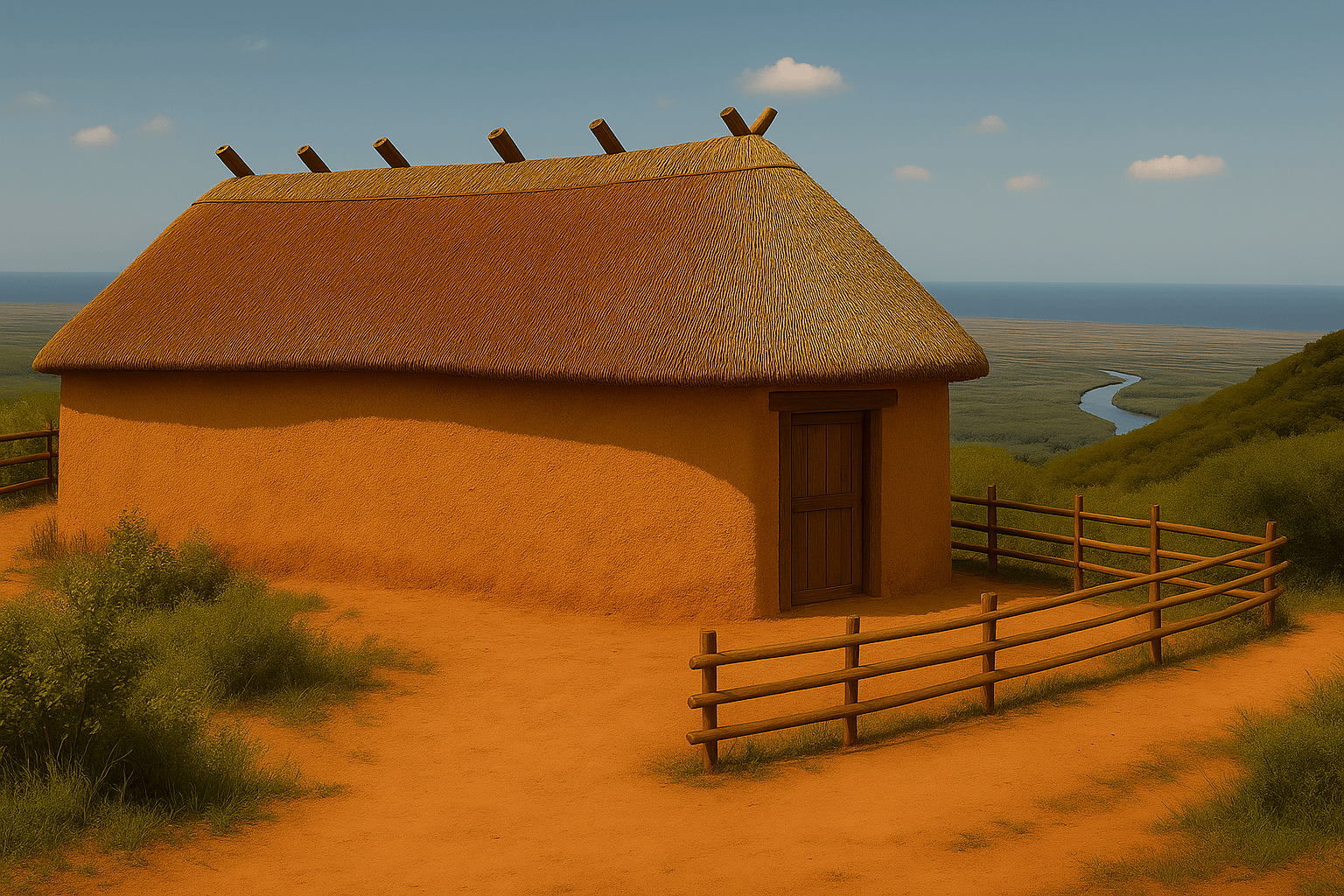 Ricostruzione di una capanna enotria con planimetria ellittica (generata con intelligenza artificiale).